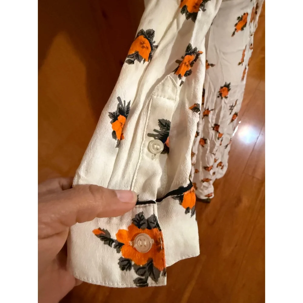 Women's GANNI Long Sleeve Wrap Dress in White with Orange Floral, Size 4